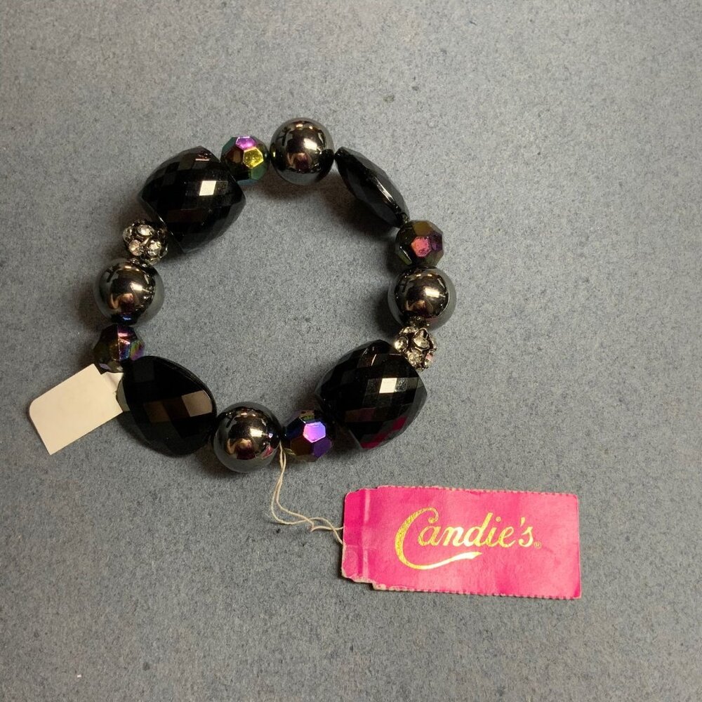 NWT Candies Stretch Bracelet 7 In Faceted BeadBlack Gunmetal Silver Rhinestone